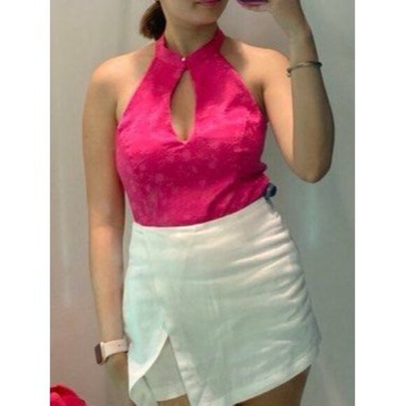 Zara Pink Floral Jacquard Halter Top With Keyhole Neckline Women's Sleeveless L - Picture 8 of 8